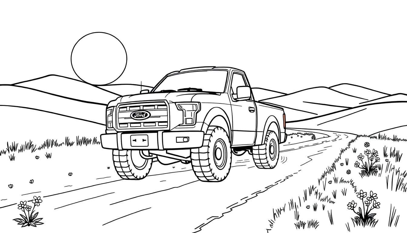 Camión Ford F-150 para colorear con un sol sonriente en un paisaje desértico, listo para la placa de color.