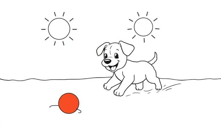 Una placa de color en blanco y negro de un cachorro persiguiendo una pelota bajo dos soles.