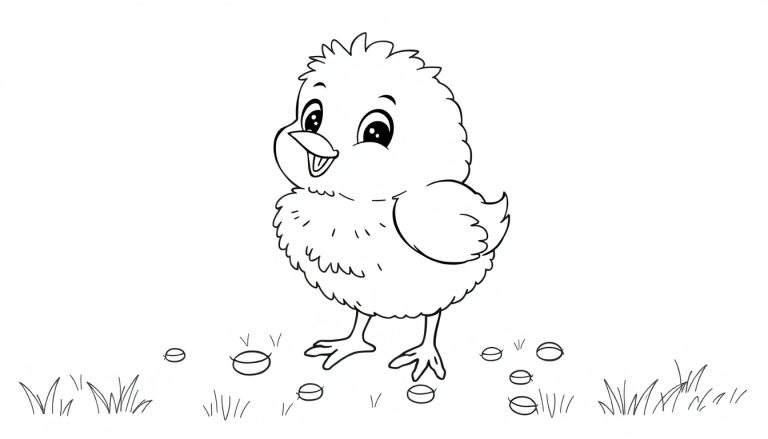Placa de color de un pollito animado en blanco y negro.