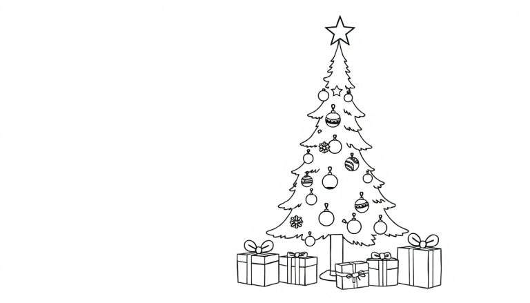Placa de color de un árbol de Navidad con adornos y regalos para colorear.