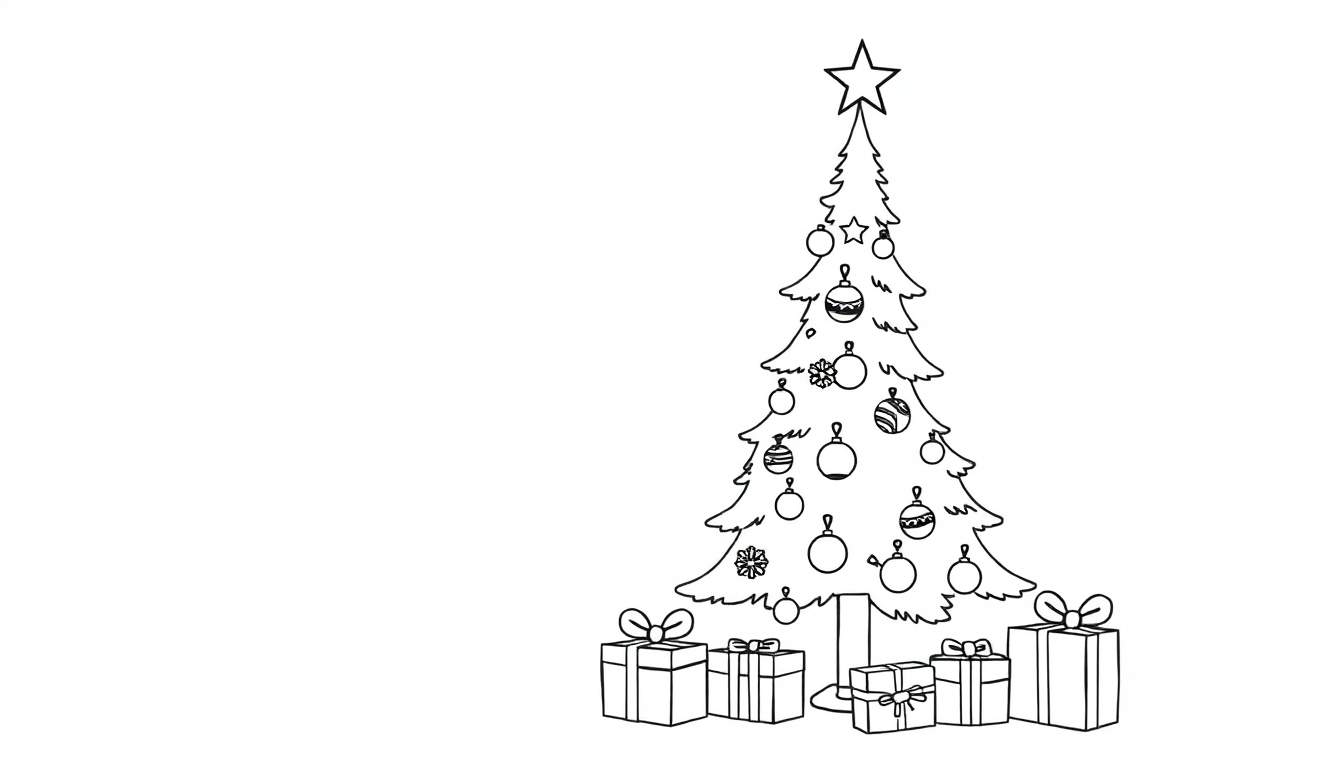 Placa de color de un árbol de Navidad con adornos y regalos para colorear.