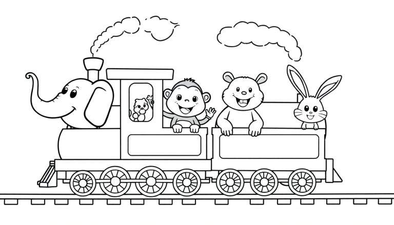 Placa de colorear de un tren de vapor amigable con animales felices como un elefante, mono, oso y conejo.