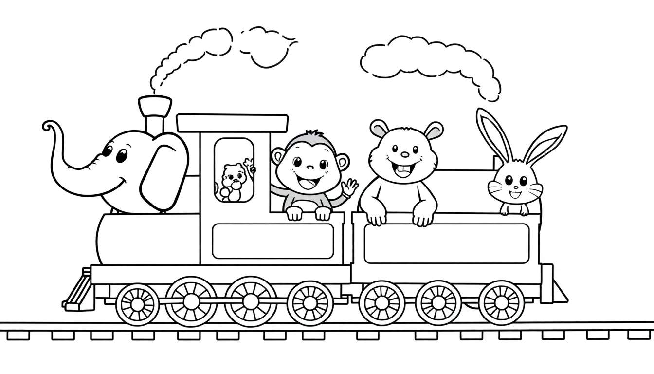 Placa de colorear de un tren de vapor amigable con animales felices como un elefante, mono, oso y conejo.