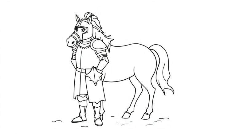 Un caballero con armadura de caricatura y cabeza de caballo con una espada en forma de estrella, listo para una aventura. Dibujo en blanco y negro, listo para colorear con placa de color.