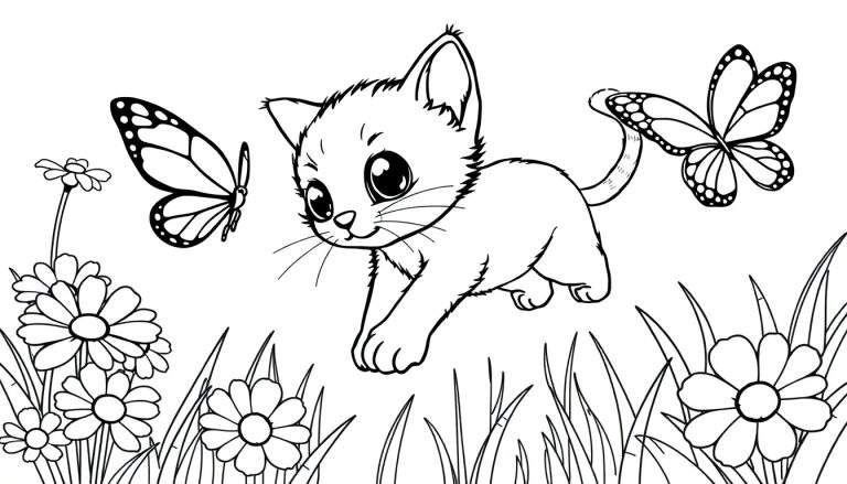 Placa de color de un gatito juguetón persiguiendo una mariposa en un jardín.