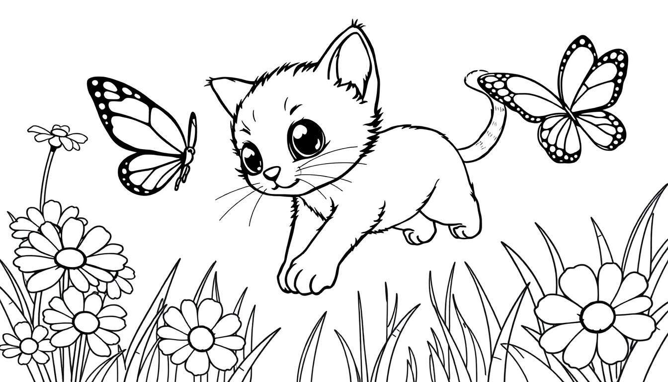 Placa de color de un gatito juguetón persiguiendo una mariposa en un jardín.