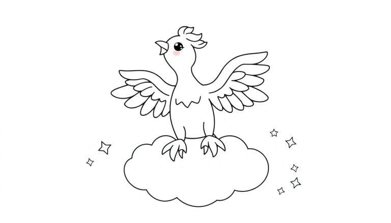 Un pájaro blanco de caricatura en una nube, listo para la placa de color.