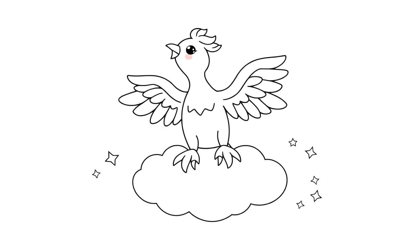 Un pájaro blanco de caricatura en una nube, listo para la placa de color.