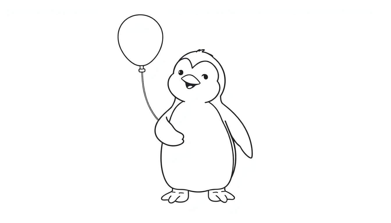 Un pingüino bebé con un globo rojo brillante, listo para colorear en una placa de color.