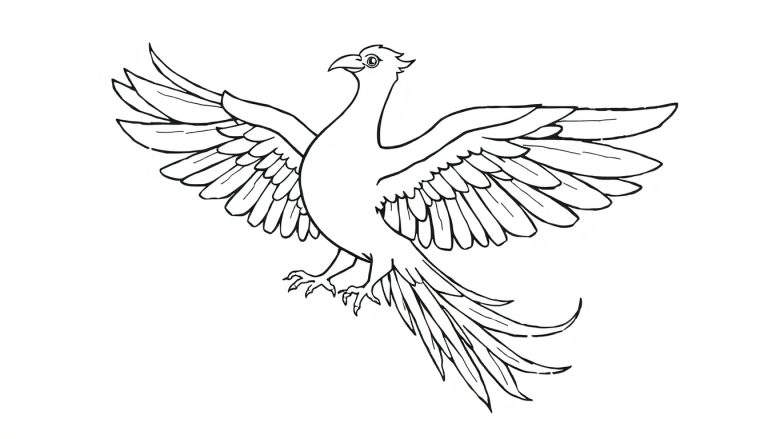 Una placa de color de un fénix majestuoso dibujado en blanco y negro.