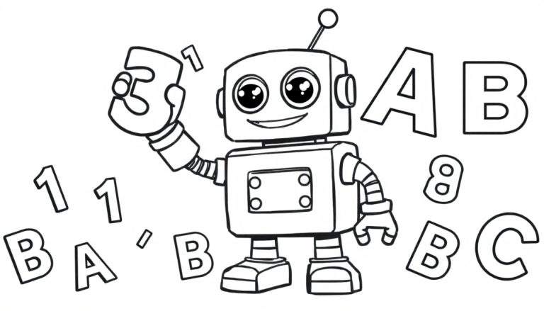 Un robot de dibujos animados amigable rodeado de letras y números, listo para ser coloreado en una placa de color.