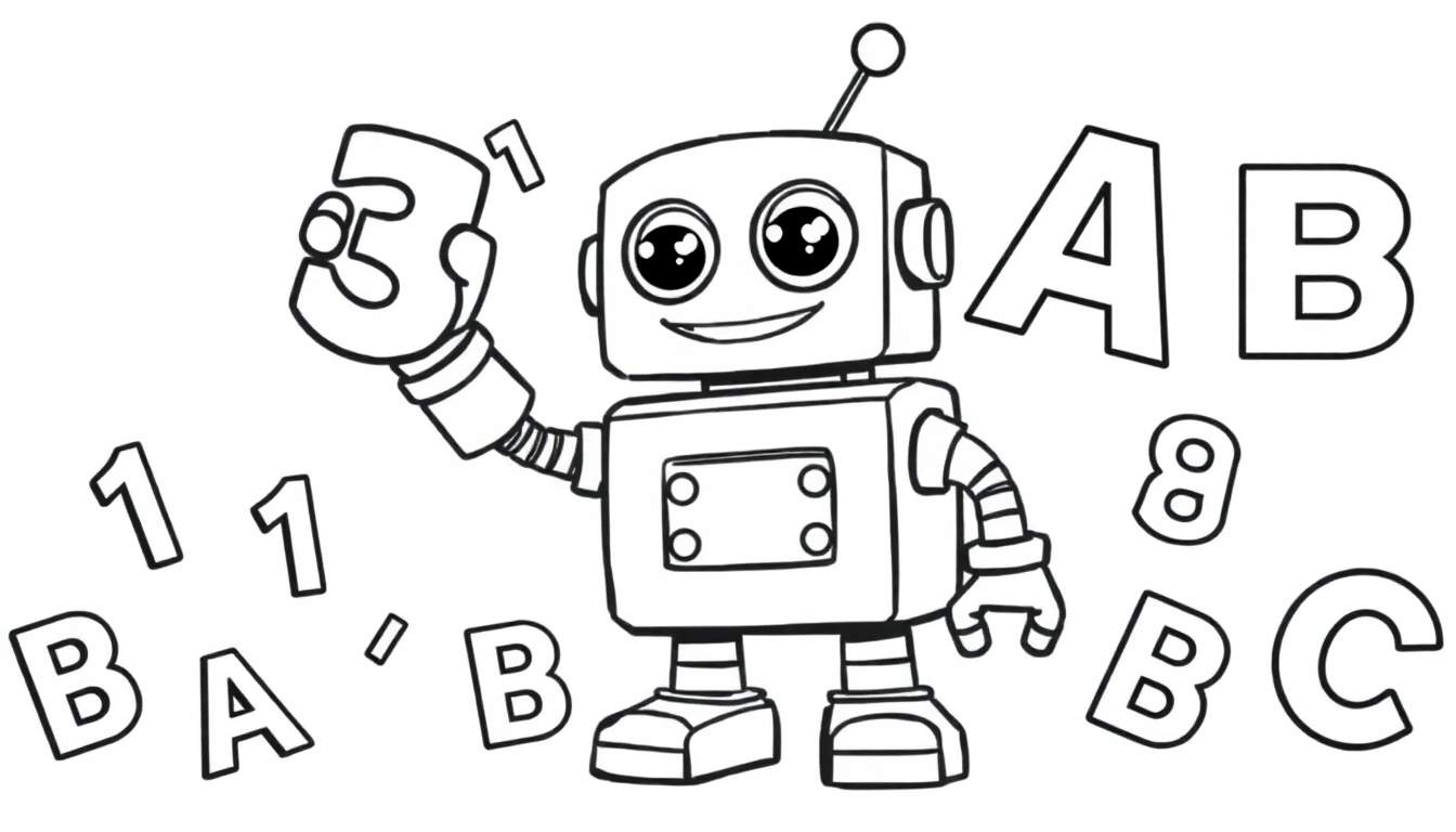 Un robot de dibujos animados amigable rodeado de letras y números, listo para ser coloreado en una placa de color.