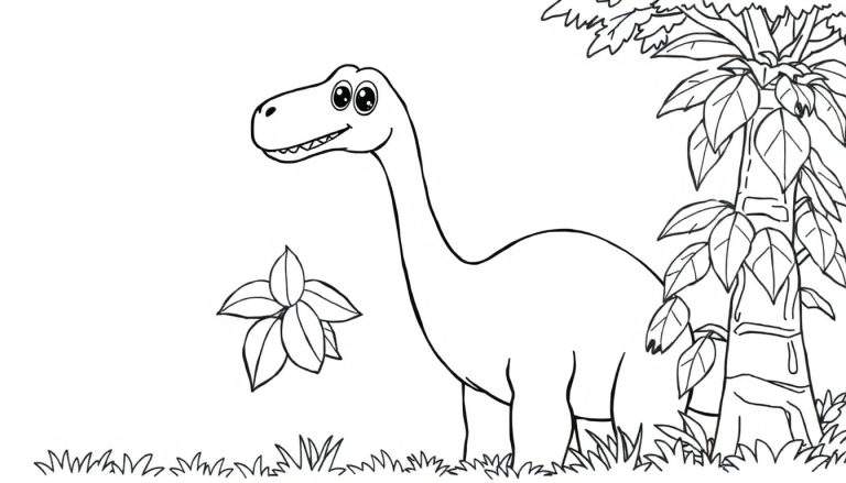 Placa de color de un dinosaurio Braquiosaurio amigable masticando hojas.