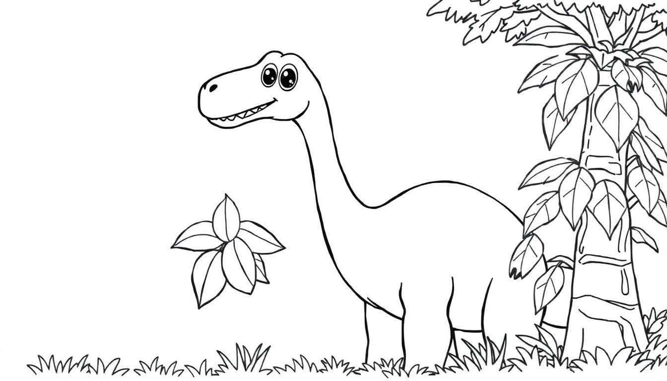Placa de color de un dinosaurio Braquiosaurio amigable masticando hojas.