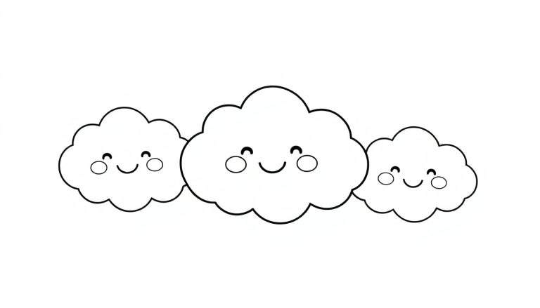 Tres nubes sonrientes en una placa para colorear