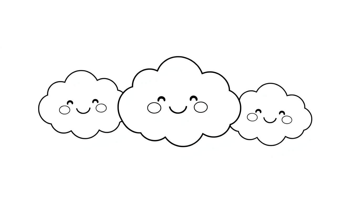 Tres nubes sonrientes en una placa para colorear
