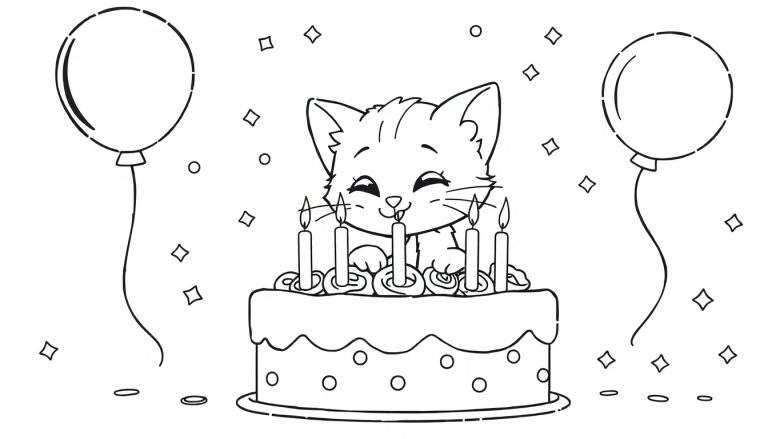 Placa de color: un lindo gatito soplando velas en un pastel de cumpleaños rodeado de globos y confeti.