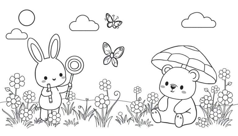 Una página para colorear de un adorable conejo con una piruleta y un oso bajo un hongo gigante.