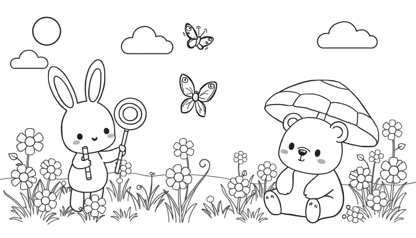 Una página para colorear de un adorable conejo con una piruleta y un oso bajo un hongo gigante.