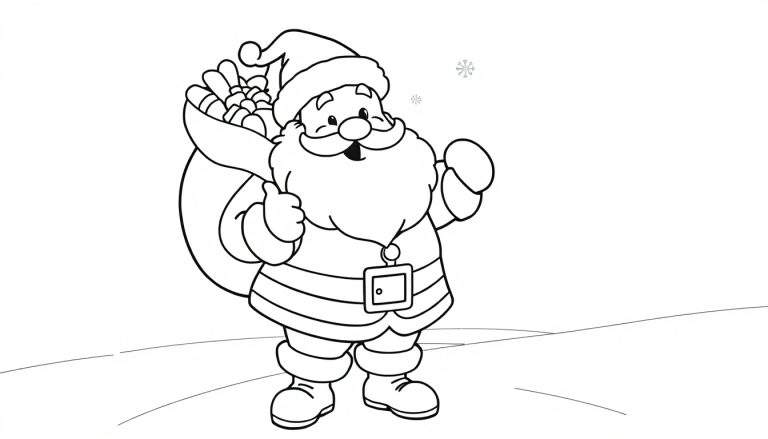 Placa de color de Papá Noel saluda con su saco de regalos.