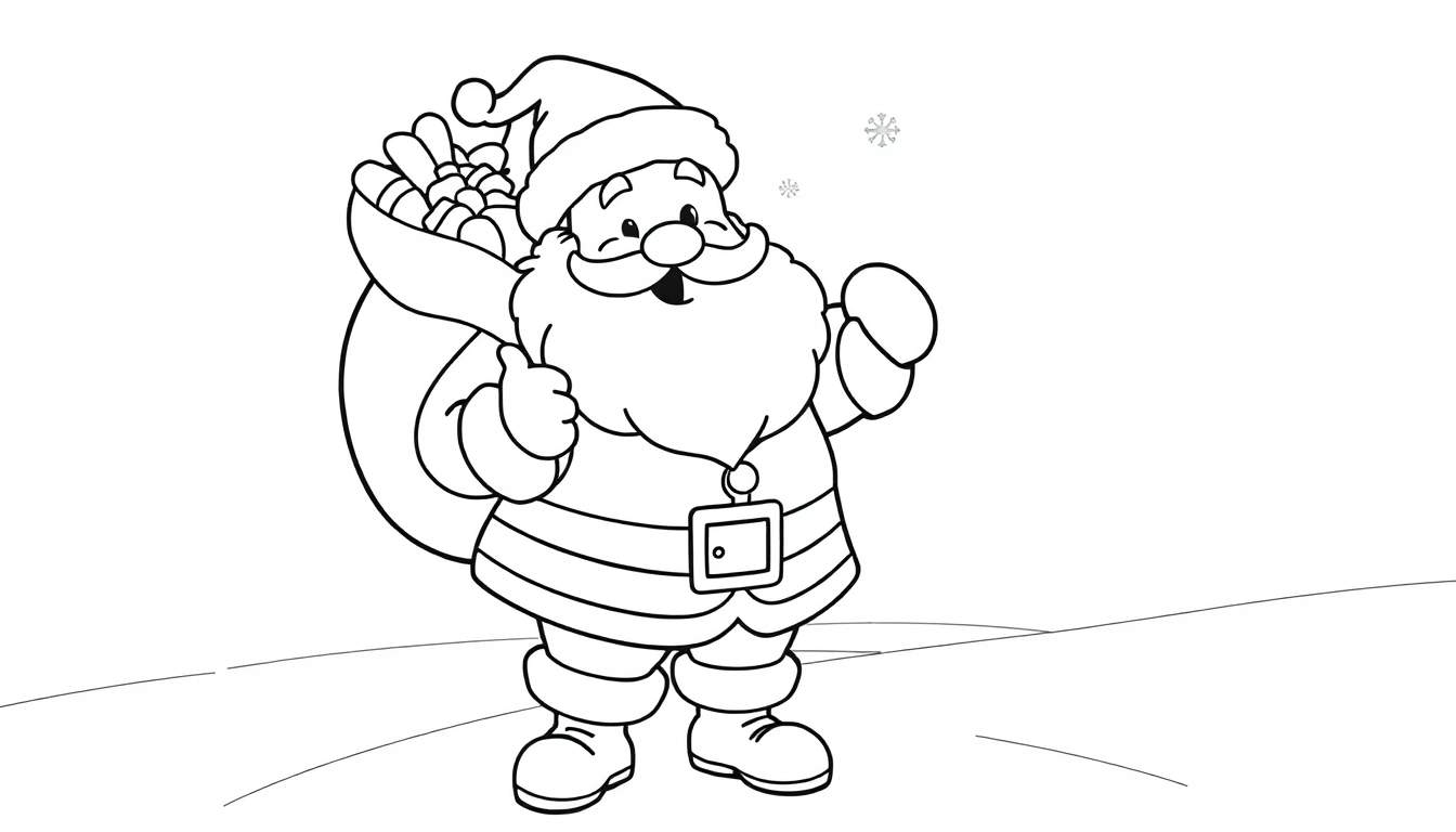 Placa de color de Papá Noel saluda con su saco de regalos.