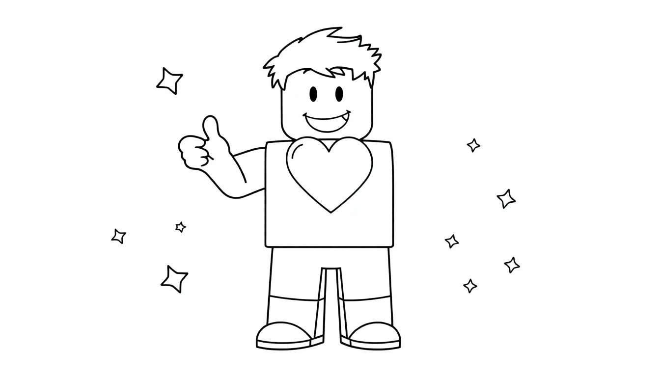 Un personaje de avatar de Roblox amigable, con una placa de color para colorear, sonriendo con un corazón grande y el pulgar hacia arriba.