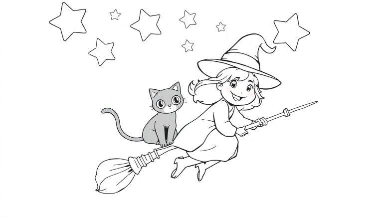 Placa de color de brujita y gato volando entre estrellas.