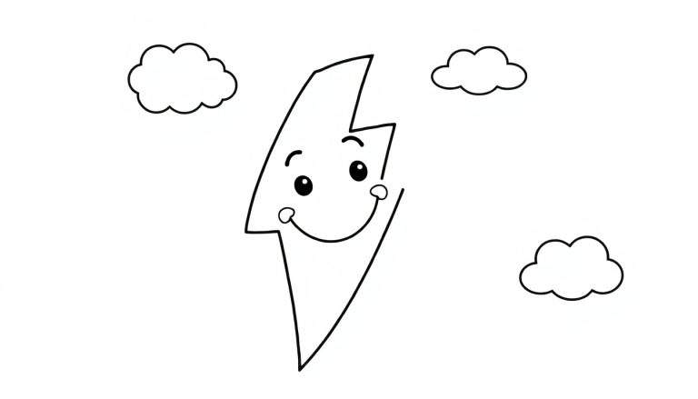 Placa de color de un rayo amigable con cara de caricatura rodeado de nubes.