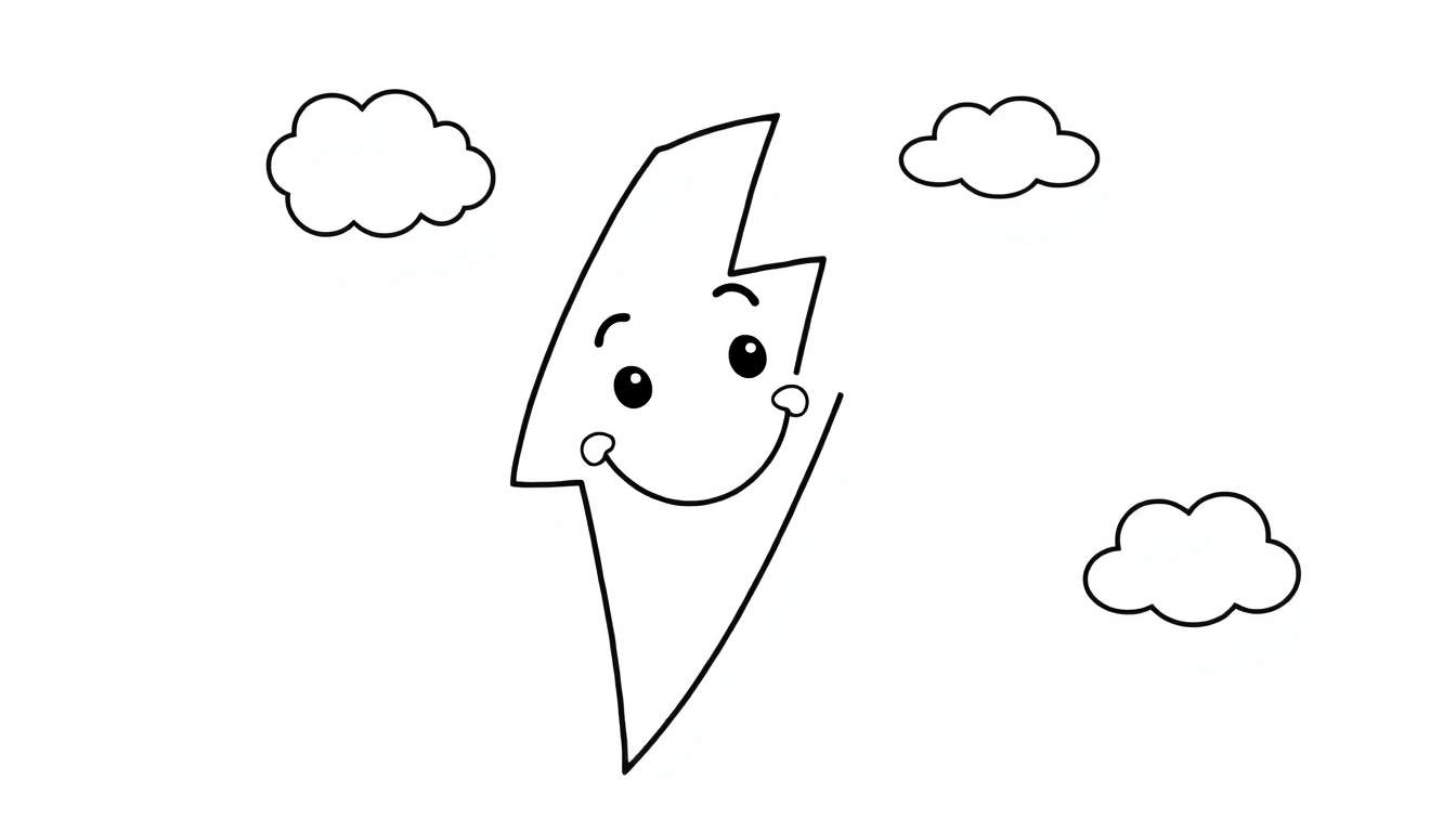 Placa de color de un rayo amigable con cara de caricatura rodeado de nubes.