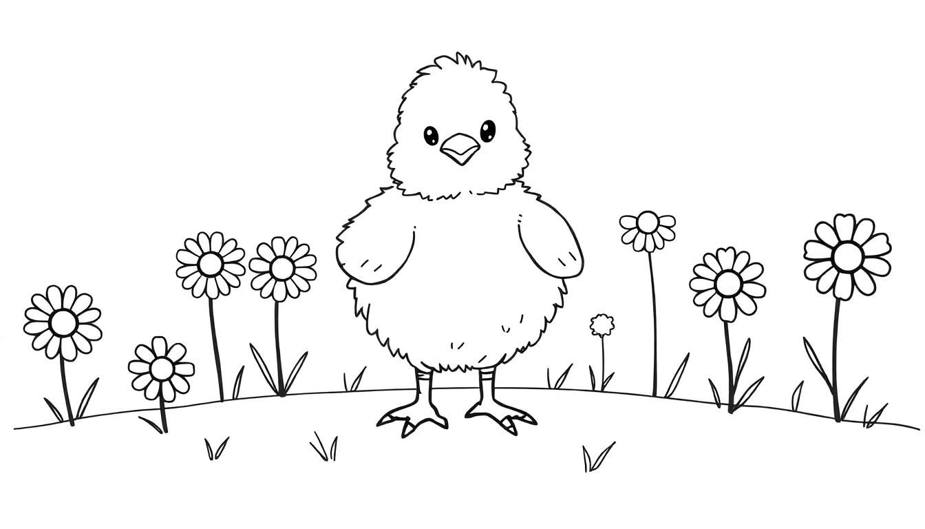 Un pollito esponjoso listo para ser coloreado sobre una placa de color con margaritas.
