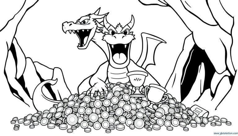 Dragón de dos cabezas Smaug sentado sobre un tesoro de monedas de oro y copas, listo para ser coloreado.