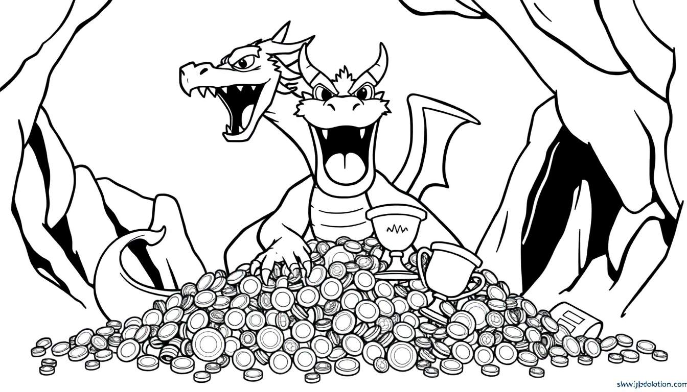 Dragón de dos cabezas Smaug sentado sobre un tesoro de monedas de oro y copas, listo para ser coloreado.
