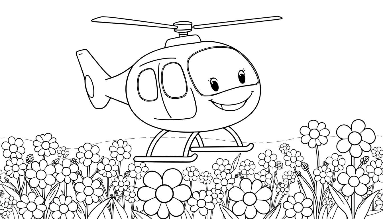 Helicóptero de dibujos animados sonriente sobre un campo de flores, listo para colorear.