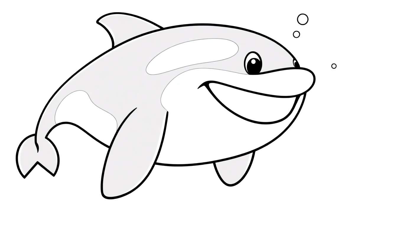 Placa de color de una orca sonriente con burbujas.