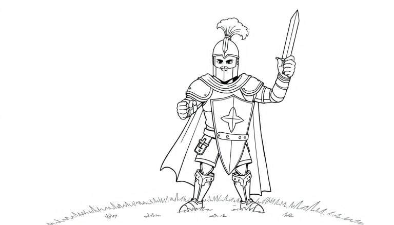Un caballero medieval en armadura con espada y escudo, listo para colorear.
