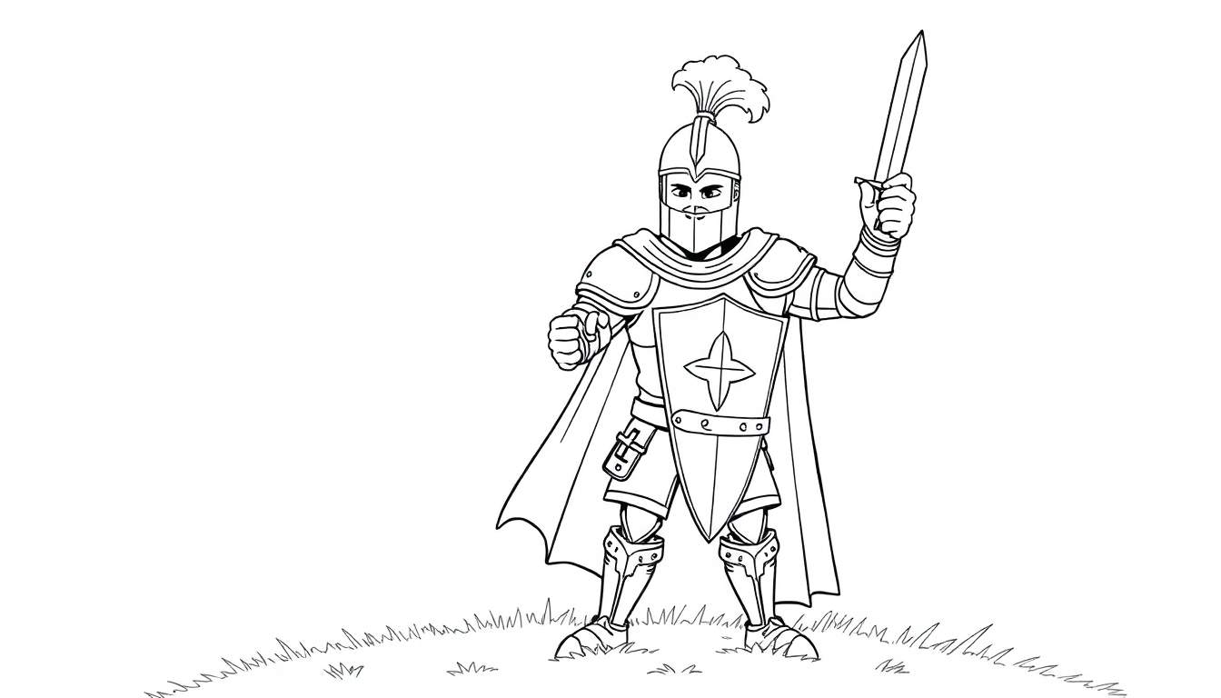 Un caballero medieval en armadura con espada y escudo, listo para colorear.