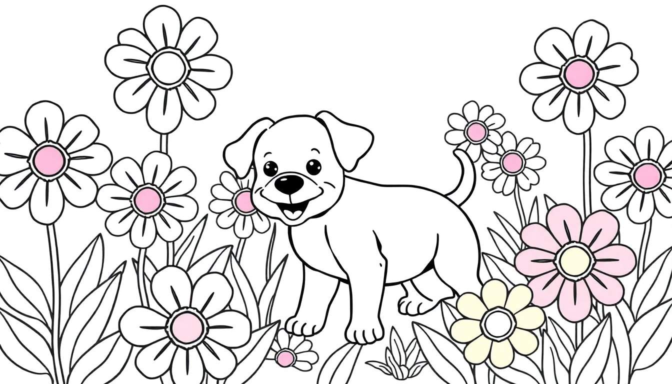 Perro feliz en jardín de flores de mosaico, con placa de color.