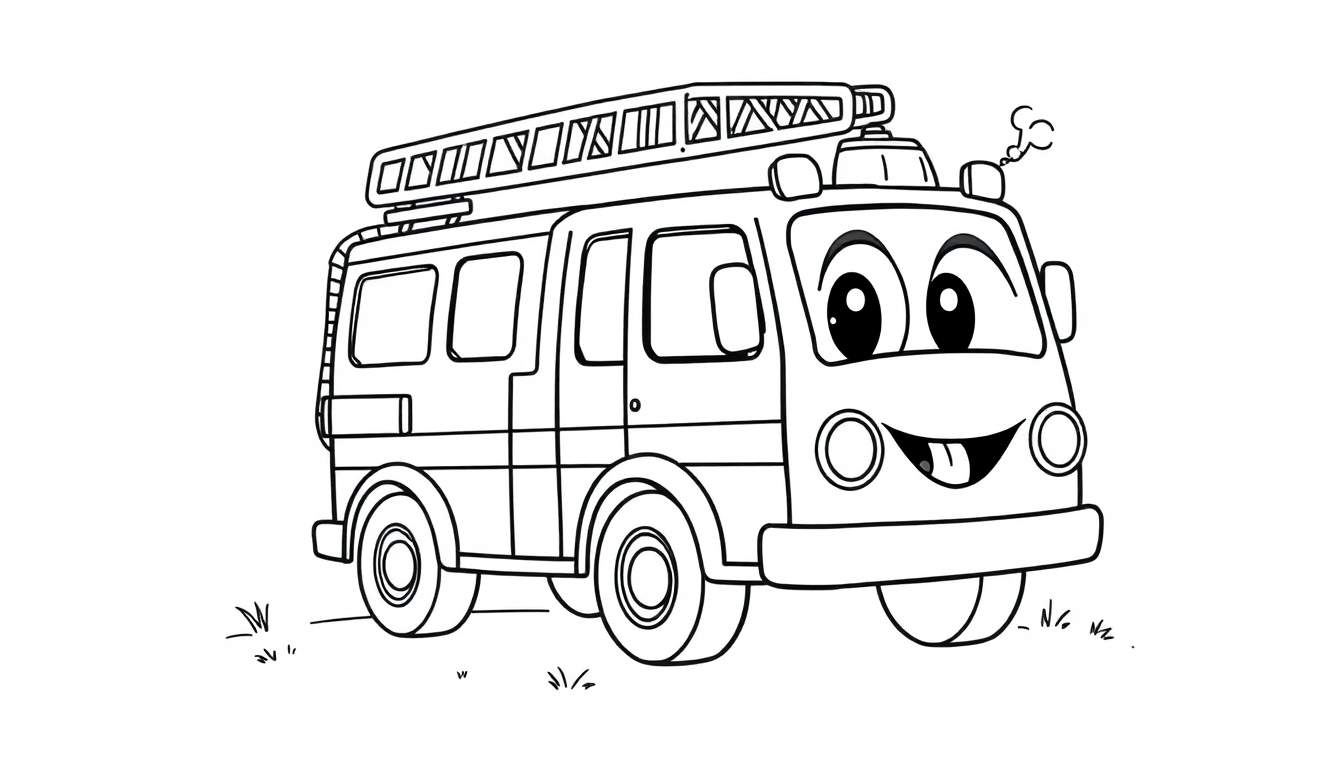 Un camión de bomberos amigable con placa de color sonriendo.
