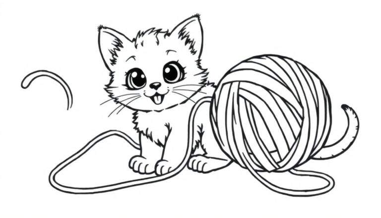Placa de color de un gatito adorable jugando con una bola de estambre.