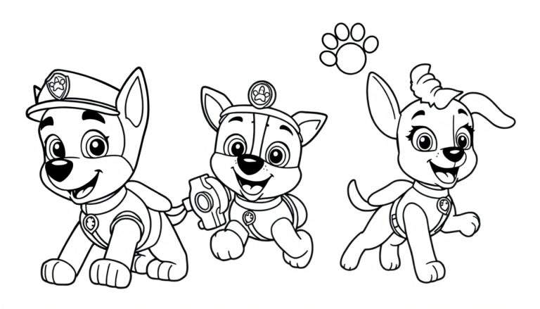 Placa de la Patrulla Canina con Chase, Marshall y Skye para colorear.