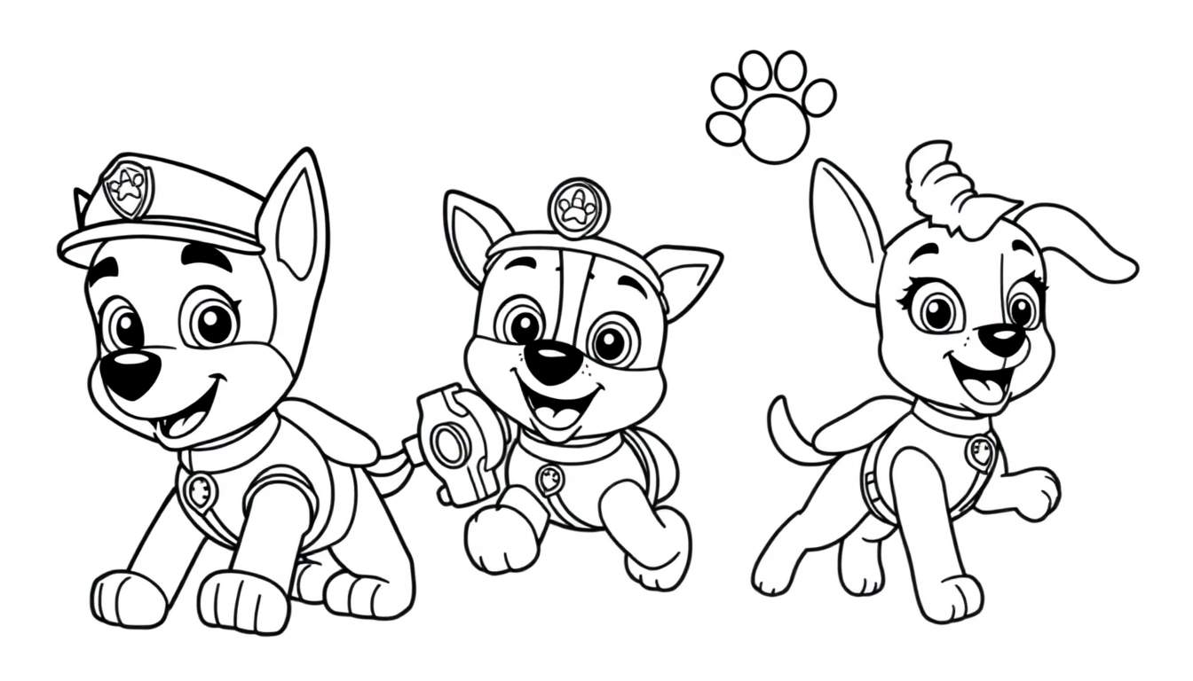 Placa de la Patrulla Canina con Chase, Marshall y Skye para colorear.