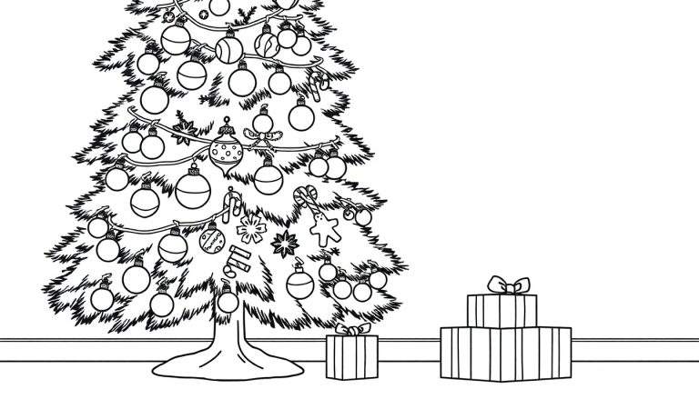 Placa de color: un árbol de Navidad en blanco y negro esperando adornos.