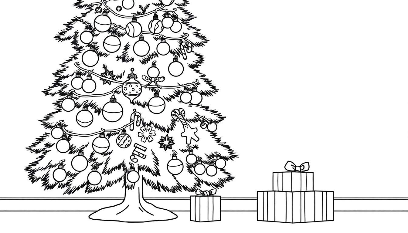 Placa de color: un árbol de Navidad en blanco y negro esperando adornos.