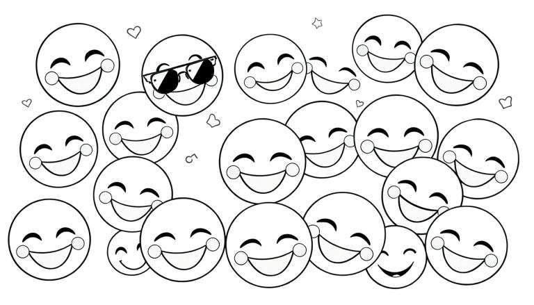Placa de color con emojis sonrientes en blanco y negro listos para colorear.