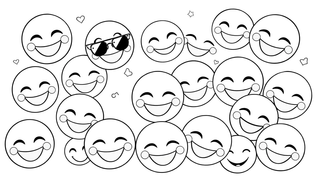 Placa de color con emojis sonrientes en blanco y negro listos para colorear.