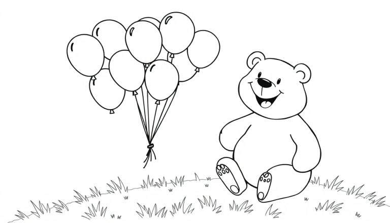Oso de peluche amigable con globos, listo para colorear en esta placa de color.