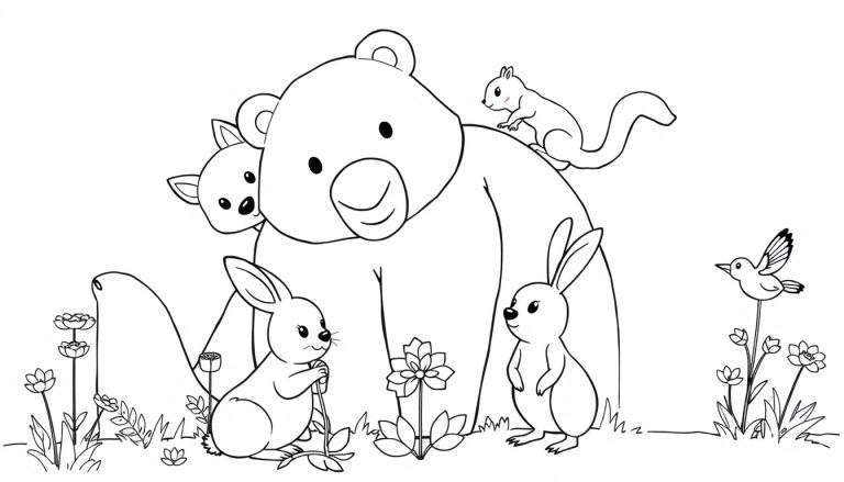 Dibujo lineal en blanco y negro de un gran oso de peluche en un bosque con una ardilla, un cervatillo, dos conejos y un pájaro cerca de flores, listo para colorear en la placa de color.