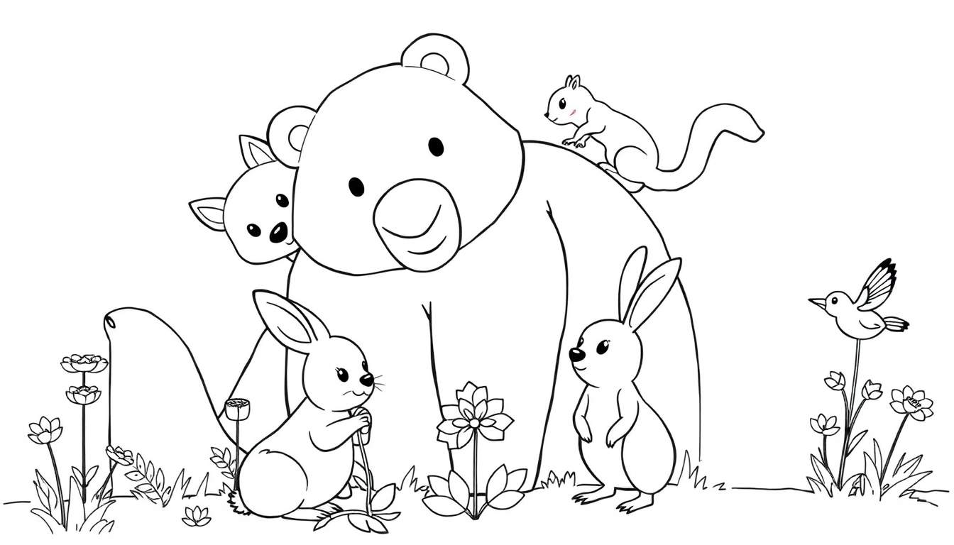 Dibujo lineal en blanco y negro de un gran oso de peluche en un bosque con una ardilla, un cervatillo, dos conejos y un pájaro cerca de flores, listo para colorear en la placa de color.