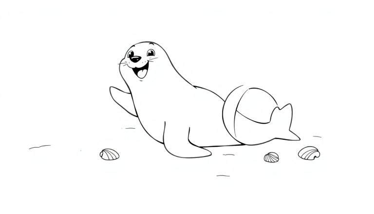 Placa de color de una foca sonriente saludando en la playa.