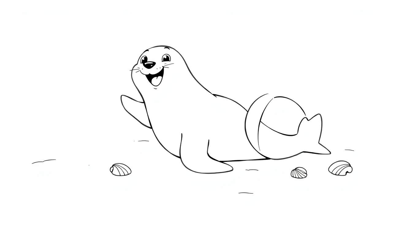 Placa de color de una foca sonriente saludando en la playa.